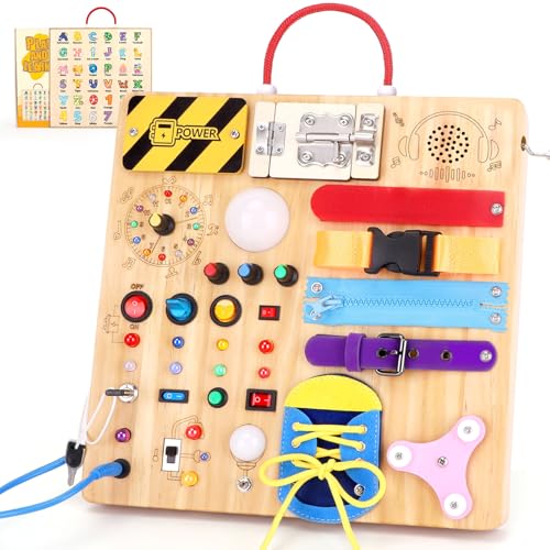 23 in 1 Busy Board Montessori Spielzeug ab 1 jahr Activity Board Spielzeug ab 2 3 jahre Holzspielzeug Sensory Spielzeug mit 15 Schalter,26 LED-Leuchten,Spieluhr,Schloss,Reißverschluss,Schnürsenkeln von Grarain