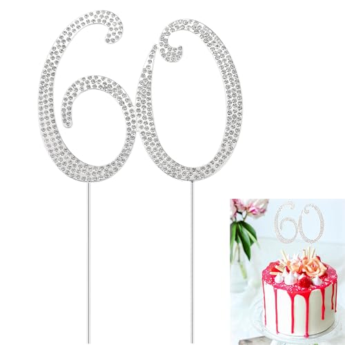 Kuchen Topper Strass, Kuchendeckel Kuchendekoration, Geburtstagstorte Dekoration, Dekoration Geburtstagstorte, 60 Zahl Kuchendeckel Kuchendekoration für Jahrestag Geburtstag Party Zubehör (Silber) von Grasslandy