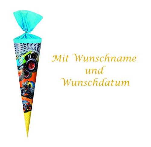 Schultüte mit gold gefärbter Gravur / Zuckertüte / Länge: 35cm / rund / "Monster Truck" Schultüte mit gold gefärbter Gravur / Zuckertüte / Länge: 35cm / rund / "Monster Truck" von Gravur by Livepac Office