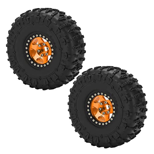 Grcfumo 2Pcs 1.9in Wheel Rim and Tires, Beadlock Wheel Rim, Tires Set Metal Wheel Rims Rubber Tires Set for Axial SCX10 1 10 RC Crawler Car (Gold Black) von Grcfumo