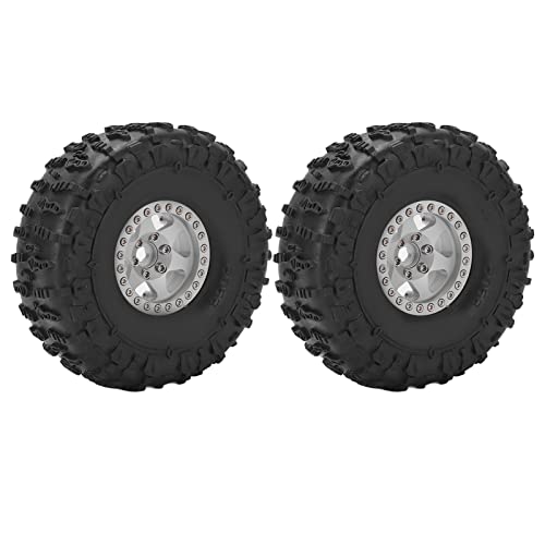 Grcfumo 2Pcs 1.9in Wheel Rim and Tires, Beadlock Wheel Rim, Tires Set Metal Wheel Rims Rubber Tires Set for Axial SCX10 1 10 RC Crawler Car (Silver) von Grcfumo