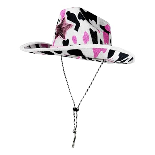 Greabuy Cowgirl-Hut im Western-Stil mit Kuh-Druck, Sternnieten, Design für Erwachsene, Outdoor, Party, Westernpartys, Kostüm von Greabuy