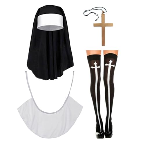 Greabuy Nonnen-Kostüm-Set, Nonnenhut, Nonnenkragen, Anhänger-Halskette, Oberschenkelhohe Socken für Halloween, Cosplay-Thema von Greabuy