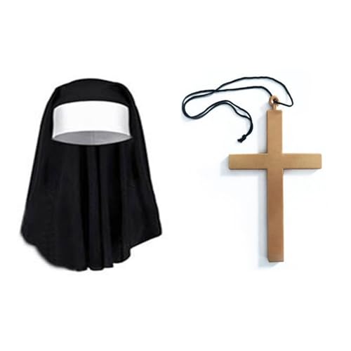 Greabuy Nonnen-Kostüm-Set, Nonnenhut, Nonnenkragen, Anhänger-Halskette, Oberschenkelhohe Socken für Halloween, Cosplay-Thema Greabuy Nonnen-Kostüm-Set, Nonnenhut, Nonnenkragen, Anhänger-Halskette, Oberschenkelhohe Socken für Halloween, Cosplay-Thema von Greabuy