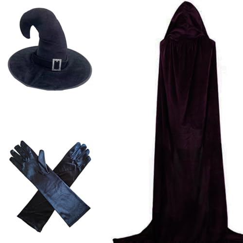 Greabuy Totenumhang für Erwachsene, Samt, mit passendem Hexenhut, Sense und Handschuhen, Set für Halloween und Hexe, Cosplay, Kostüm, Partys, Kapuzenumhang von Greabuy