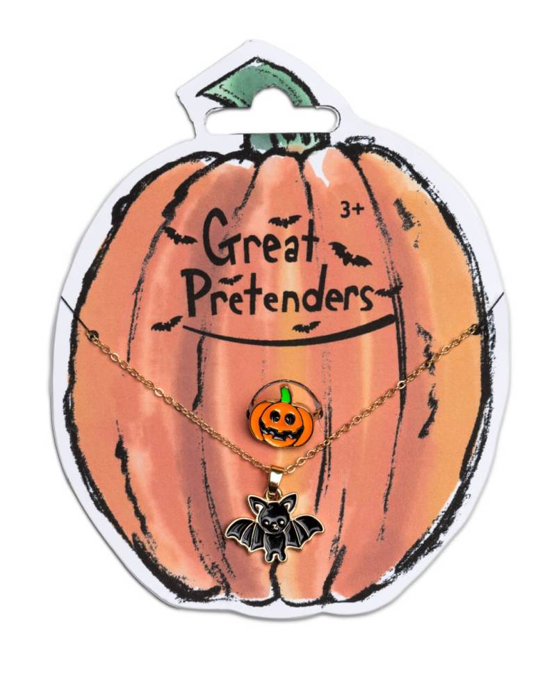 Fledermaus-Halskette & Kürbisring – Schmuckset für kleine Halloween-Fans von Great Pretenders