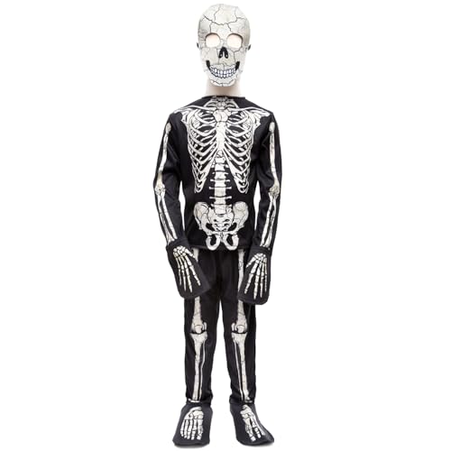 Great Pretenders Halloween Skelett Kostüm Glow in the Dark mit Maske für Kinder Gr. 98-128 Schwarz Weiß Halloween Fasching Kindergeburtstag (5-6 Jahre) von Great Pretenders