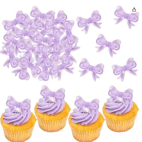 GreatRise 50 Stück Acryl Schleifen Transparent Cupcake Toppers Schleife Dekoschleife Kuchendeko Kuchenaufsatz-Zubehör Tortendeko Fliege für Hochzeit Kuchen Geburtstag Torte Dekorationen Lila von GreatRise