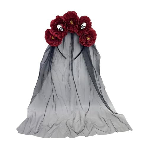 GreatRise Halloween Stirnband mit Totenkopf, Blüten und Schleier, Tag der Toten Haarreif Gothic Brautschleier Kopfschmuck Blumen-Haarschmuck Halloween Kleidung Accessoires für Kinder Damen Dunkelrot GreatRise Halloween Stirnband mit Totenkopf, Blüten und Schleier, Tag der Toten Haarreif Gothic Brautschleier Kopfschmuck Blumen-Haarschmuck Halloween Kleidung Accessoires für Kinder Damen Dunkelrot von GreatRise