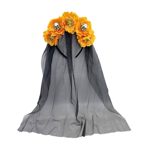 GreatRise Halloween Stirnband mit Totenkopf, Blüten und Schleier, Tag der Toten Haarreif Gothic Brautschleier Kopfschmuck Blumen-Haarschmuck Halloween Kleidung Accessoires für Kinder Damen Gelb von GreatRise