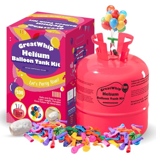 GreatWhip Helium Gasflasche Ballongas 600 Liter (0,6m³) XXXL für 100 Luftballons Einweg mit Füllventil, inkl. Kinderluftballons und Bänder, Hochzeit, Geburtstag, Firmenevent, Party von GreatWhip