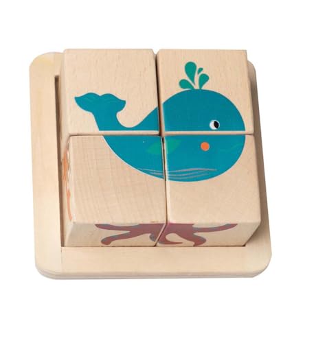 GREEN RHINO Holz Puzzle Meerestiere | Puzzles für Kinder | spielerisch Lernen | Holzpuzzel mit Tiermotiven | 4 Holzwürfel | 6 Tiermotive | Holzspielzeug in Geschenkverpackung | Würfelgröße 4x4x4cm von Green Rhino