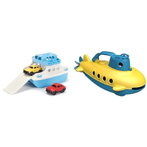 Green Toys 8601038 Fährschiff mit 2 Mini-Autos, Badewannenspielzeug & 8601032 U-Boot, Badewannenspielzeug, Spielboot, nachhaltiges Badespielzeug für Kinder ab 6 Monaten, Gelb, Blau von Green Toys