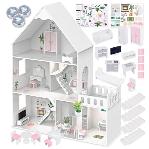 Barbie Puppenhaus Holz groß 118 cm – Kinderplay 3-stöckiges Puppenhaus für Kinder mit Möbeln, LED Licht, Aufklebern und Zubehör – Modernes Holz Spielhaus Geschenk ab 3 Jahre von Green series