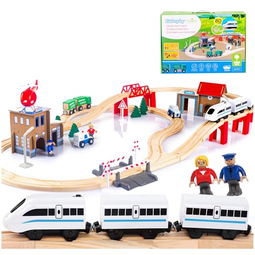 Green series Holzeisenbahn Set für Kinder - Eisenbahn Holz | Spielzeug Zug | Polizeistation, Autobahn und Bahnset mit Brücke, 80 Teilen, 378 cm lang | Holz Eisenbahnen | Holzzug | Modell GS0010 Green series Holzeisenbahn Set für Kinder - Eisenbahn Holz | Spielzeug Zug | Polizeistation, Autobahn und Bahnset mit Brücke, 80 Teilen, 378 cm lang | Holz Eisenbahnen | Holzzug | Modell GS0010 von Green series
