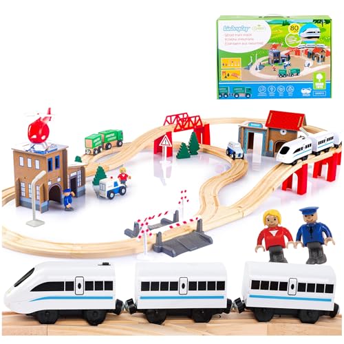 Green series Holzeisenbahn Set für Kinder - Eisenbahn Holz | Spielzeug Zug | Polizeistation, Autobahn und Bahnset mit Brücke, 80 Teilen, 378 cm lang | Holz Eisenbahnen | Holzzug | Modell GS0010 von Green series