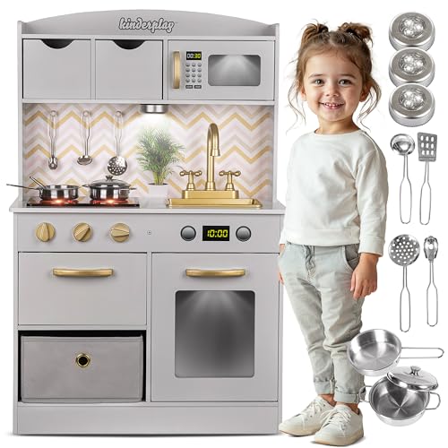 Kinderküche Holz mit Licht & Geräuschen | Spielküche Holz für Kinder im Alter von 3-6 Jahren | Zubehör aus Edelstahl | Kinder Küche Höhenverstellbar von 92-107 cm | Geschenk für Mädchen | GS0059-1 von Green series