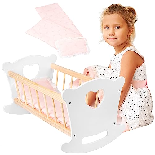 Green series Puppenwiege aus Holz, Weiss Puppenbett Holz, Wiege für Puppe – Set Wiege mit Steppdecke, Kissen und Bettlaken, max. Puppenlänge 49.5 cm, Puppenzubehör, Modell GS2100 von Green series