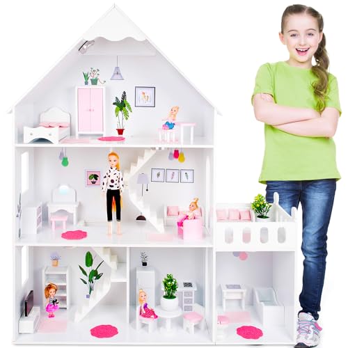 Green series Puppenhaus Holz Groß - Hölzernes Barbie , Version mit rosa Zubehör, 57 Zubehörteile enthalten, Barbiehauser , Modell GS0023B, LED-Licht (Premium) von Green series