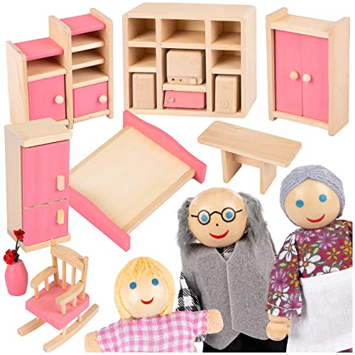 Kinderplay Puppenhaus Möbel Holz - 11-teiliges Puppenhaus Zubehör Holz, Bestehend aus Puppen, Kleiderschrank, Kommode, Blumen. Figuren von Oma, Opa, Kind, Modell GS1230 von Green series