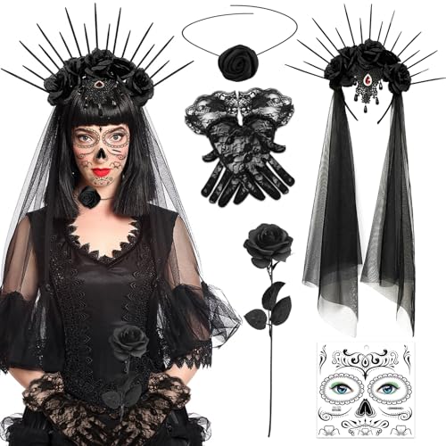 GreenYeah Halloween Tag der Toten Haarreif und Schleier Gesicht Tattoos, Damen Dia De Los Muertos Haarreif Schleier Set mit Rosen Haarreif, handschuhe, Rose, Rose Choker Halskette, Gesicht Tattoos GreenYeah Halloween Tag der Toten Haarreif und Schleier Gesicht Tattoos, Damen Dia De Los Muertos Haarreif Schleier Set mit Rosen Haarreif, handschuhe, Rose, Rose Choker Halskette, Gesicht Tattoos von GreenYeah