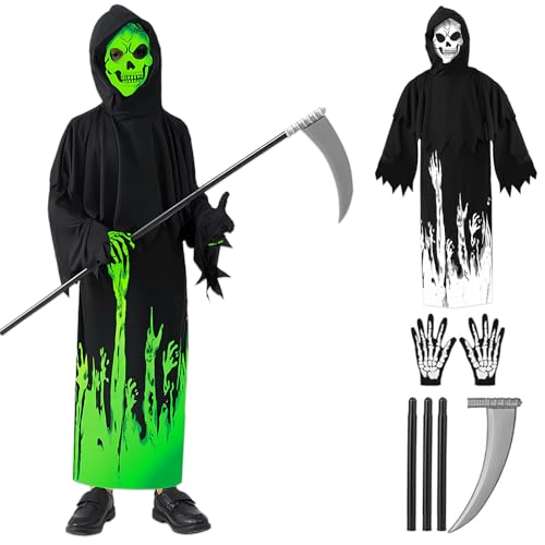 GreenYeah Halloween Sensenmann Kostüm für Kinder - Glow in The Dark Phantom Mit Handschuhe Und Sense - Leuchtet Im Dunkeln - Grim Reaper Kinderkostüm M von GreenYeah