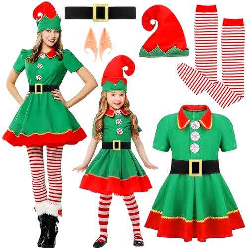 GreenYeah Weihnachtself Kostüm Set, Weihnachtself Kostüm Mädchen, Weihnachtswichtel Kostüm Kinder Mit Hut Gürtel Socken Elfenohren, Weihnachts Elfen Kostüm für Weihnachten Party (120) von GreenYeah