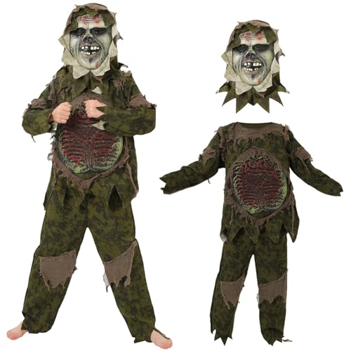 GreenYeah Zombie Kostüm Kinder, Realistische & Scary Kinder Zombie-Kostüm Set mit Zombie Maske, Därme Hemd und Hose, Gruseliges Halloween-Zombie-Kostüm für Jungen, Lebende Toten Zombie Kostüm von GreenYeah
