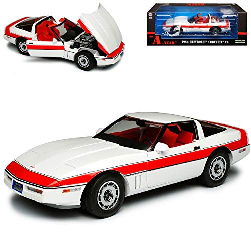 Greenlight Chevrolet Chevy Corvette C4 Coupe Weiss mit roten Streifen Rot 1983-1996 A-Team 1/18 Modell Auto von Greenlight