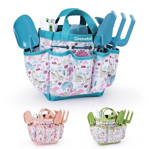 Grenebo-Gartenspielzeug für Kinder, inklusive Metallkelle, Pflanzschaufel, Gartenhut, Rechen, Schürze, Handschuhe, Gießkanne und Werkzeugtasche (blau) von Grenebo