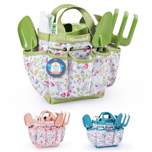 Grenebo-Gartenspielzeug für Kinder, inklusive Metallkelle, Pflanzschaufel, Gartenhut, Rechen, Schürze, Handschuhe, Gießkanne und Werkzeugtasche (grün) von Grenebo