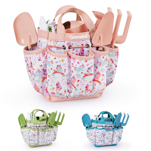 Grenebo-Gartenspielzeug für Kinder, inklusive Metallkelle, Pflanzschaufel, Gartenhut, Rechen, Schürze, Handschuhe, Gießkanne und Werkzeugtasche (rosa) von Grenebo