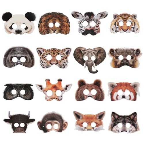 16 Stück Cartoon Tiermasken Papier Masken Kinder Dschungel Deko Geburtstag Masken Charakter Cosplay Tiermasken für Kinder für Tierthema-Geburtstagsparty-Dekorationen von Grevosea