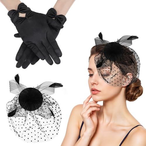 Fascinator Hut Haarspange Vintage Schleier Mesh Stirnband Glove Set 70s Fascinator Hat Haarschmuck für Tea Cocktail Tea Party von Grevosea