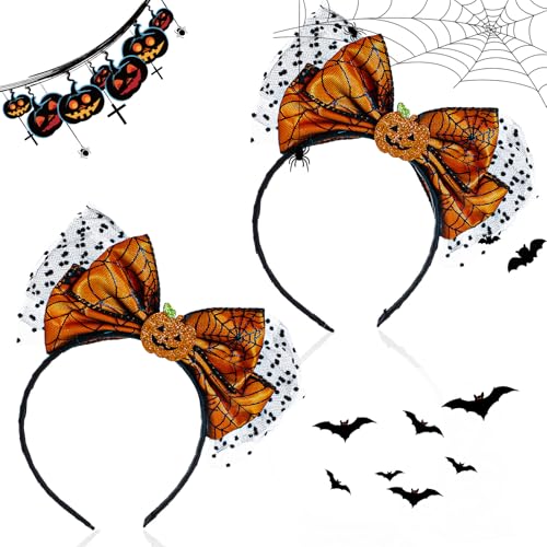 1 Stück Halloween Stirnbänder Halloween Haarreif Damen Glänzender Kürbis Haarreif Schwarzes Spinnennetz Spitze Haar Accessoire für Halloween Kostüm Karneval Cosplay Maskerade Party Kopfschmuck von Grevosea