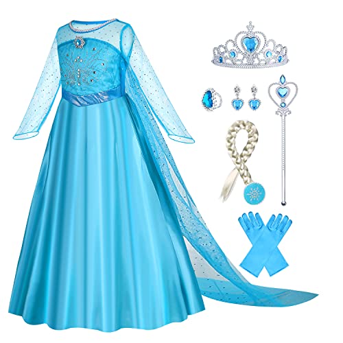 Gridamea Elsa Verkleiden Sie sich für Mädchen Eiskönigin-Kostüm Prinzessinnenkleid mit Krone/Zauberstab/Handschuhen/Zopf/Ohrringen/Ring für Kindergeburtstag, Party, Cosplay von Gridamea