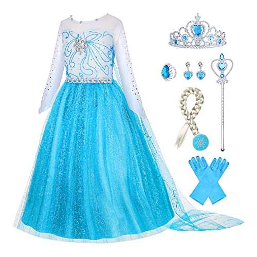 Gridamea Elsa Verkleiden Sie sich für Mädchen Eiskönigin-Kostüm Prinzessinnenkleid mit Krone/Zauberstab/Handschuhen/Zopf/Ohrringen/Ring für Kindergeburtstag, Party, Cosplay von Gridamea