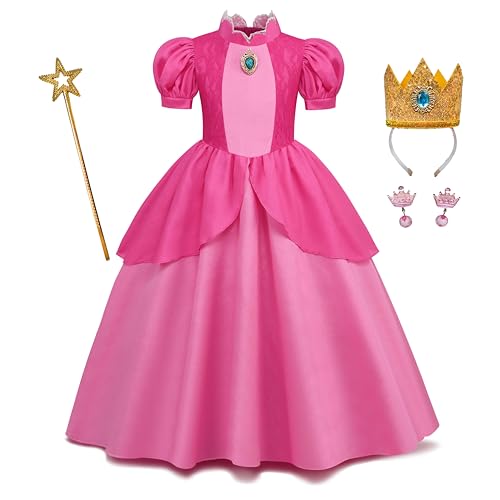 Gridamea Prinzessin Peach Kostüm Prinzessin Costume Kleider Peach Kleid Kinder mit Krone Wand Ohrringe Ideal für Alter 3-9 von Gridamea