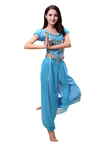 Grouptap Bollywood Indian Bharatanatyam Bauchtanz hellblau 2-teiliges Kostüm-Outfit für Damen Mädchen Erwachsene Tänzerin (150-170cm, 30-60kg) (Hellblau) von Grouptap