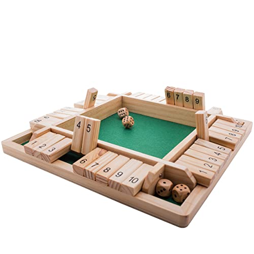 GrowUpSmart Shut The Box Würfelspiel (2-4 Spieler) für clevere Kinder & Erwachsene [4-seitiges großes Holz-Brettspiel, 8 Würfel & Shut The Box-Regeln] Spiel zum Erlernen von Nummern & Strategie von GrowUpSmart