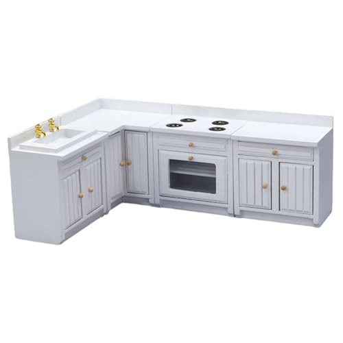 Grtheenumb 4pcs Dollhouse Küchenset, Holz 1/12 Spielzeugherde Waschbecken Kochkoch Kochtisch Möbel Delikate Modell Dekor Realistisches Accessoir von Grtheenumb