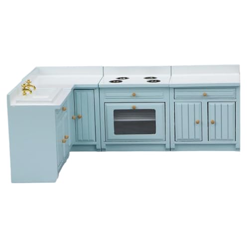 Grtheenumb 4pcs Dollhouse Küchenset, Holz 1/12 Spielzeugherde Waschbecken Schrank Kochtisch Möbel Delikate Modell Dekor Realistisches Accessoire vorgetäuscht Spiel DIY Supplies, Himmel-Blaufurniture von Grtheenumb