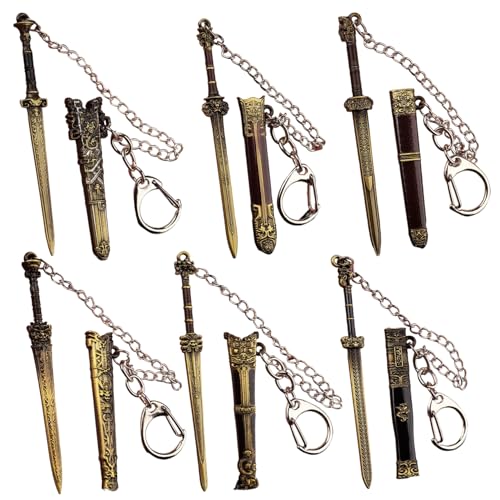 Grtheenumb 6pcs Mini Schwert 3, 5 Zoll exquisit detailliertes Metallschwert -Schlüsselbund mit Scheideschlüsselkette für Geldbeutelbeutel Frauen Frauen von Grtheenumb