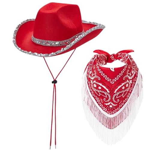 Grtheenumb Cowgirl Hut Disco Franse Bandana, Western Cowboy Kostüm Set Pailletten Red Cowgirl Hut für Frauenparty Grtheenumb Cowgirl Hut Disco Franse Bandana, Western Cowboy Kostüm Set Pailletten Red Cowgirl Hut für Frauenparty von Grtheenumb