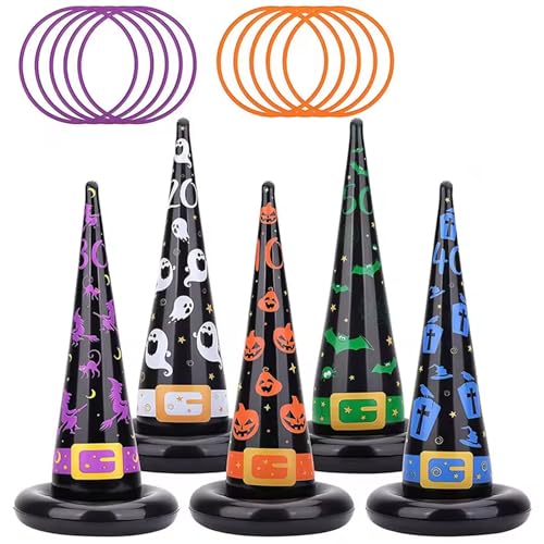 Grtheenumb Hexenhut, Halloween -Spiele, 5pcs 10 x 22 Zoll aufblasbarer Hexenhut mit 10 -pcs -Plastikring für Kinder Erwachsene Familienvorräte von Grtheenumb
