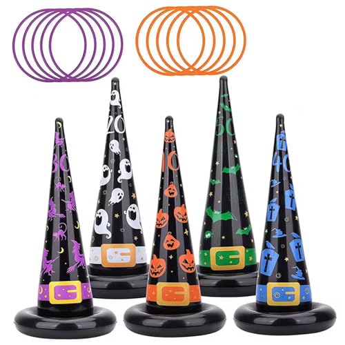Grtheenumb Hexenhut, Halloween -Spiele, 5pcs 10x22 Zoll aufblasbarer Hexenhut mit 10 -pcs -Plastikring für Kinder Erwachsene Familienvorräte für Ferien von Grtheenumb