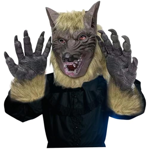 Grtheenumb Werwolf Kostüm, Werwolfmaske Halloween Kostüm Realistische Wolf Maske & 1 Paar Pfotenhandschuhe für Halloween Party Cosplay Dress Up von Grtheenumb