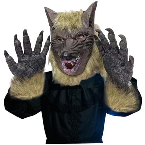 Werwolf Kostüm, Werwolfmaske Halloween Kostüm Realistische Wolf Maske & 1 Paar Pfotenhandschuhe weiche und hautfreundliche Gruss von Grtheenumb