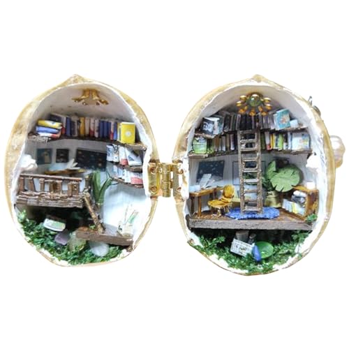 Gruwkue DIY Book Nook Kits Für Erwachsene, Walnut Cottage Mini Library Handgefertigtes Materialpaket, 3D Tiny House World Nut Secret Materialpaket Für Die Inneneinrichtung von Gruwkue