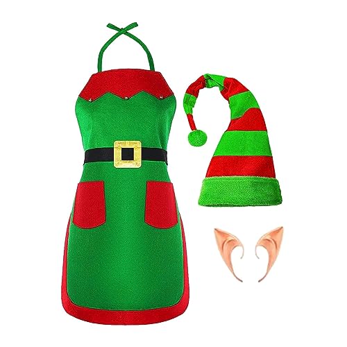 Gruwkue Elfenkostüm für Damen | Rot-grün gestreifter Weihnachtself mit Plüschmütze | Lustige Erwachsenen-Outfits für Party-Rollenspiele, weihnachtliche Küchen-Kochschürzen für Frauen und Erwachsene von Gruwkue